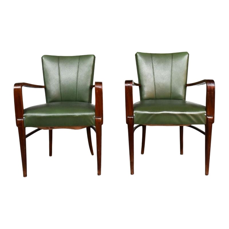 Paar Sessel aus grünem Leder und Buche aus den 1940er Jahren