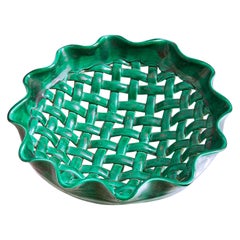 Vintage Vallauris Woven Ceramic Basket in Green Glaze, France, 1940's