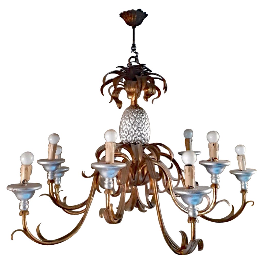 Large Gilt Metal and Wood Chandelier 10 Lights