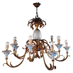 Retro Large Gilt Metal and Wood Chandelier 10 Lights