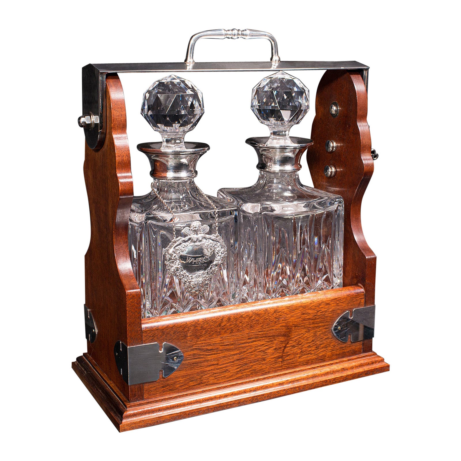 Vintage Locking Spirit Tantalus, English, Two Decanter Stand, Hallmarked Silver en vente