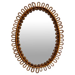 Olaf von Bohr Style Rattan and Bamboo Oval Wall Mirror, Italy, 1960s