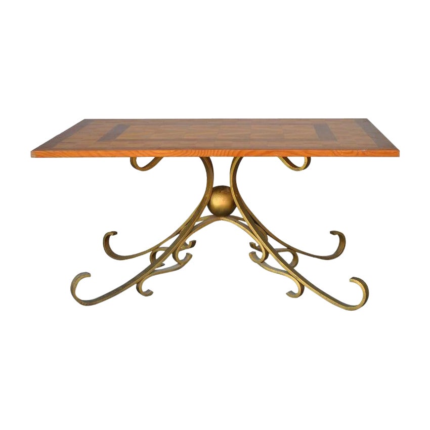 Wood and Gilded Wrought Iron Coffee Table, 1940 Style For Sale