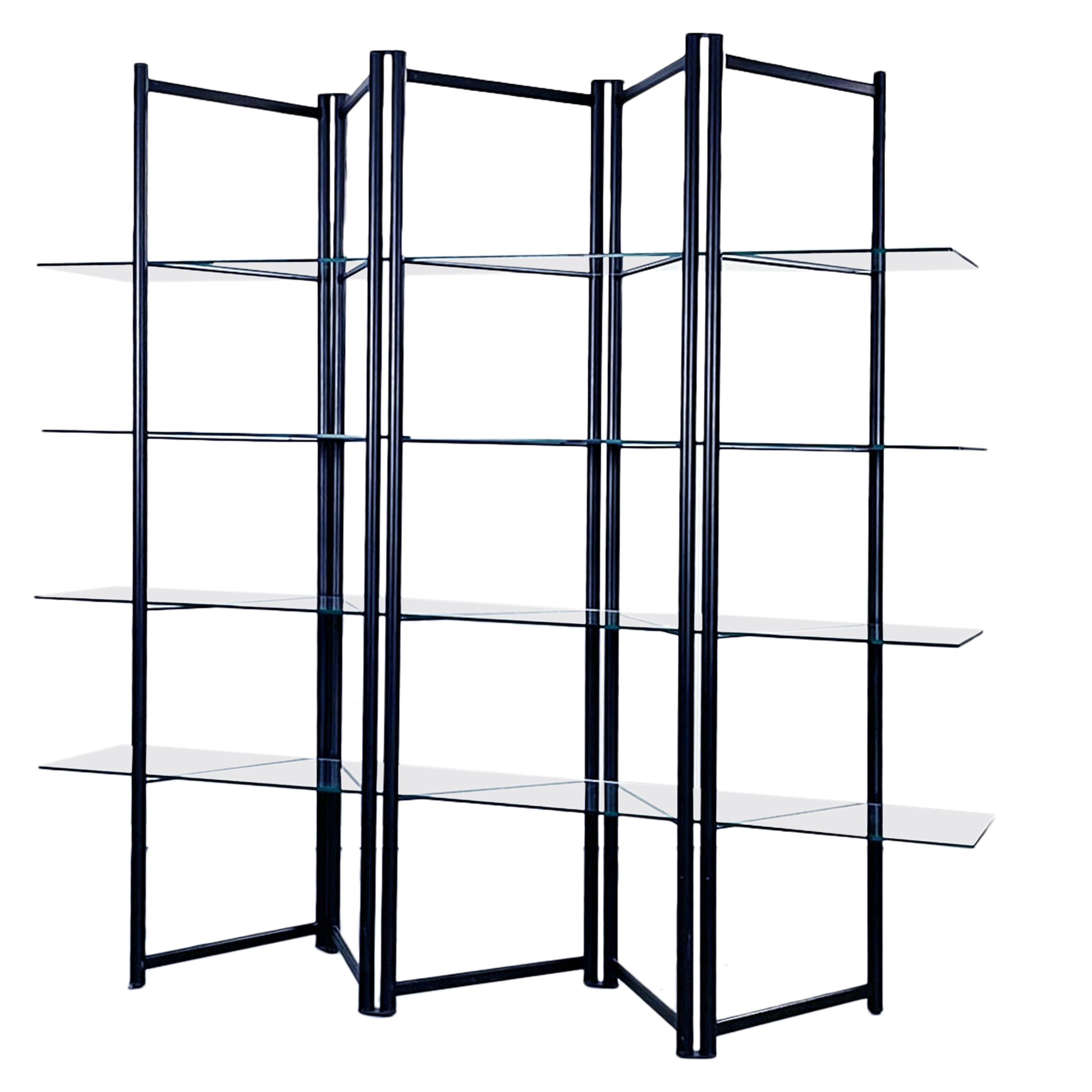 Italian Modern Black Metal and Tempered Glass Bookcase, 1990s For Sale