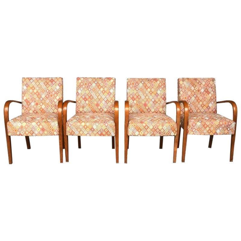 Series of 4 Bridge Armchairs 1940 Fabrics with Small Squares and Beech For Sale