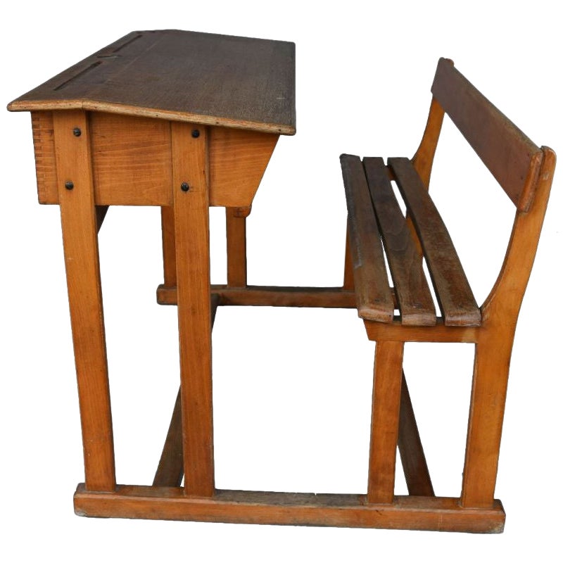 Piccola scrivania 2 posti di scolaretto in faggio, 1920