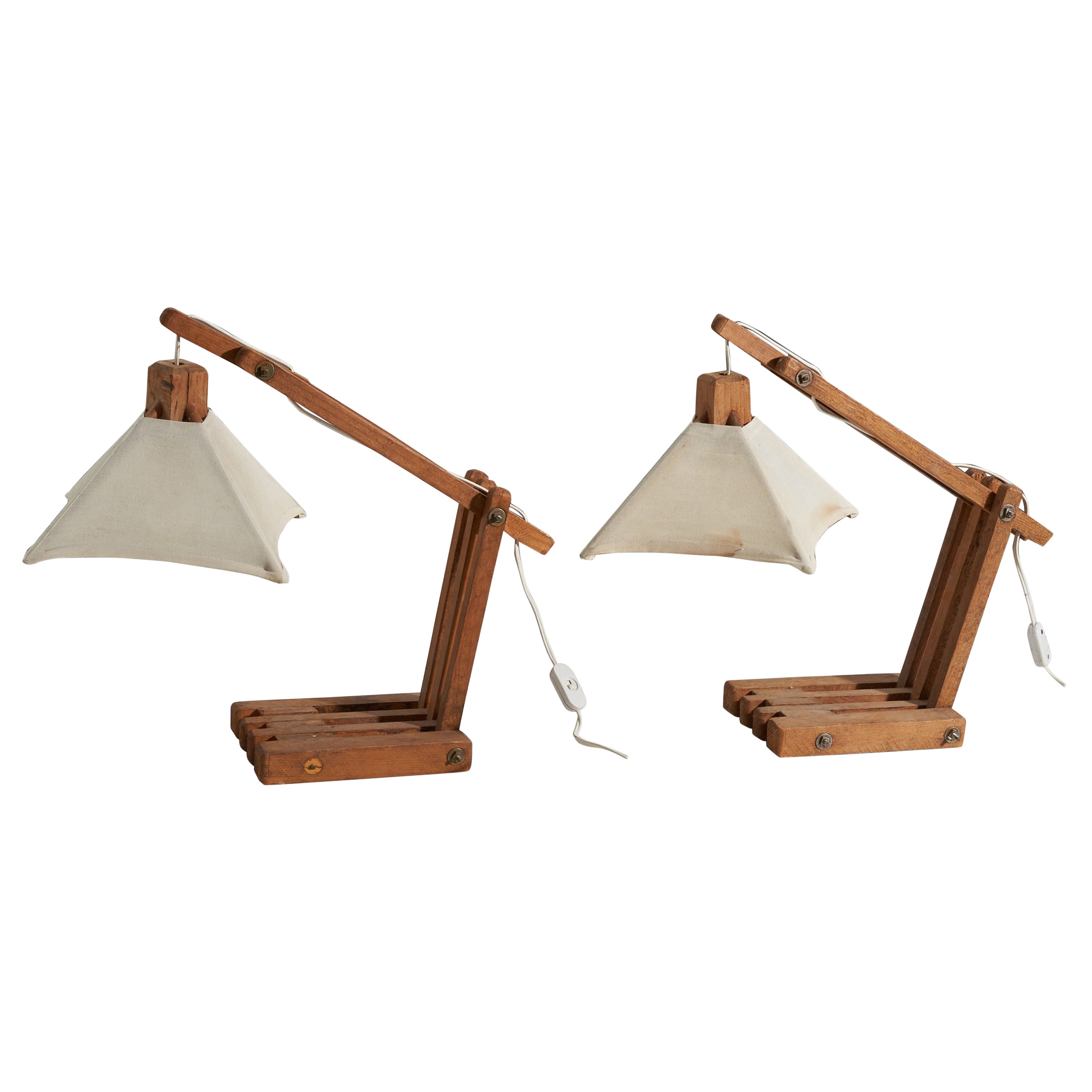 American Designer, Adjustable Table Lamps, Oak and Fabric, America, 1970s For Sale