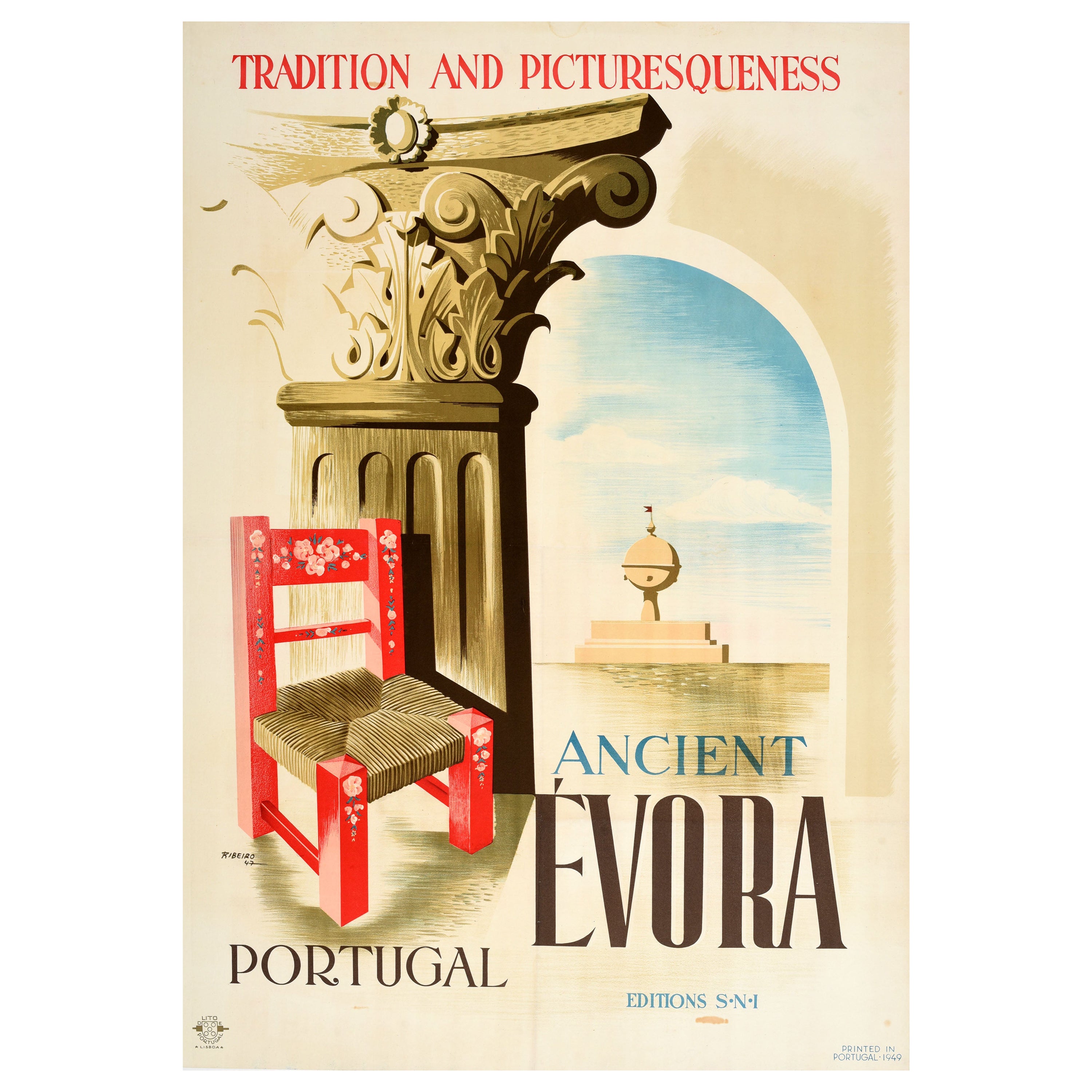 Original Vintage Travel Poster Ancient Evora Portugal Tradition Picturesqueness For Sale