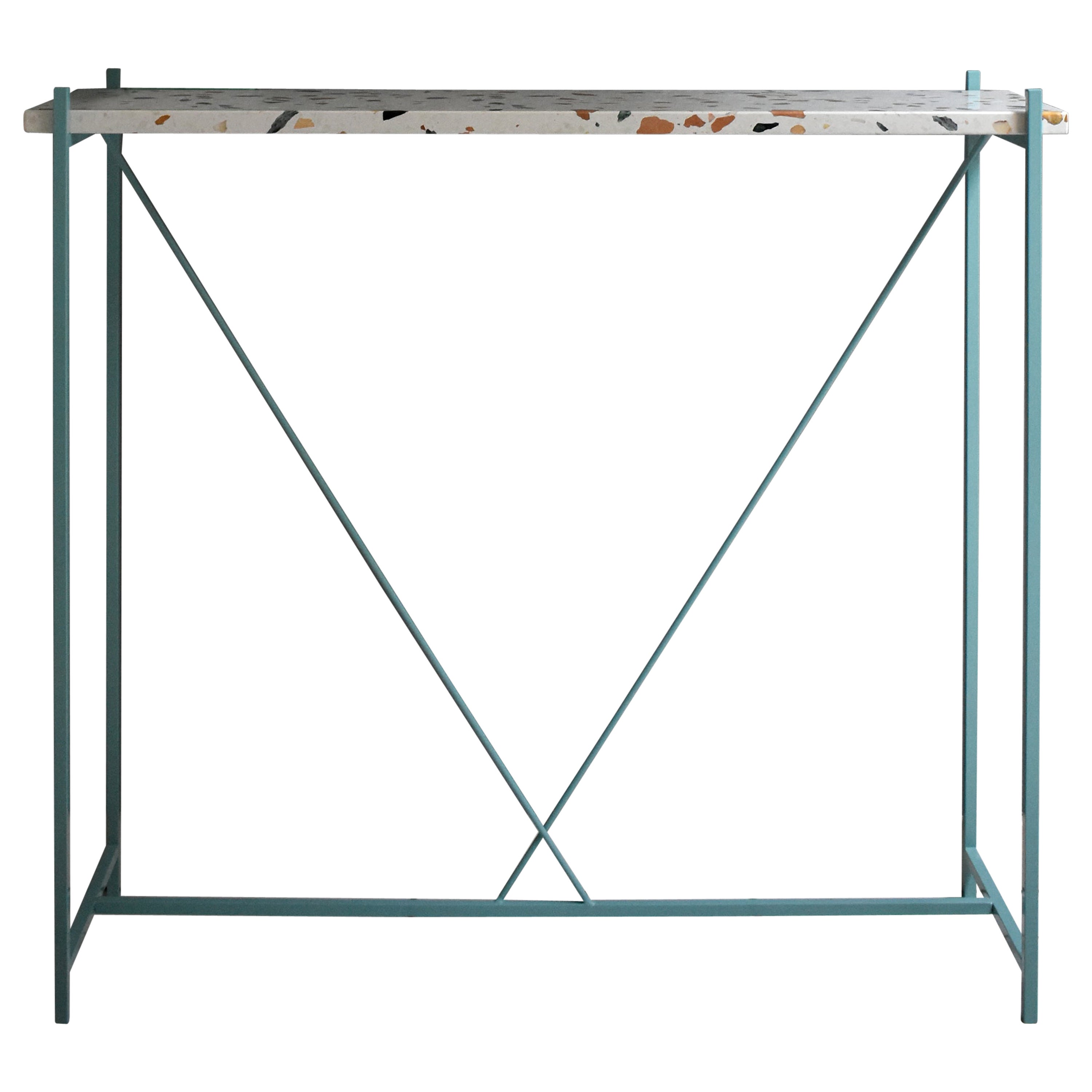 Console 'Tekno', Light Blue Iron Structure and Cement Marble Top For Sale