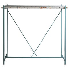 Console 'Tekno', Light Blue Iron Structure and Cement Marble Top