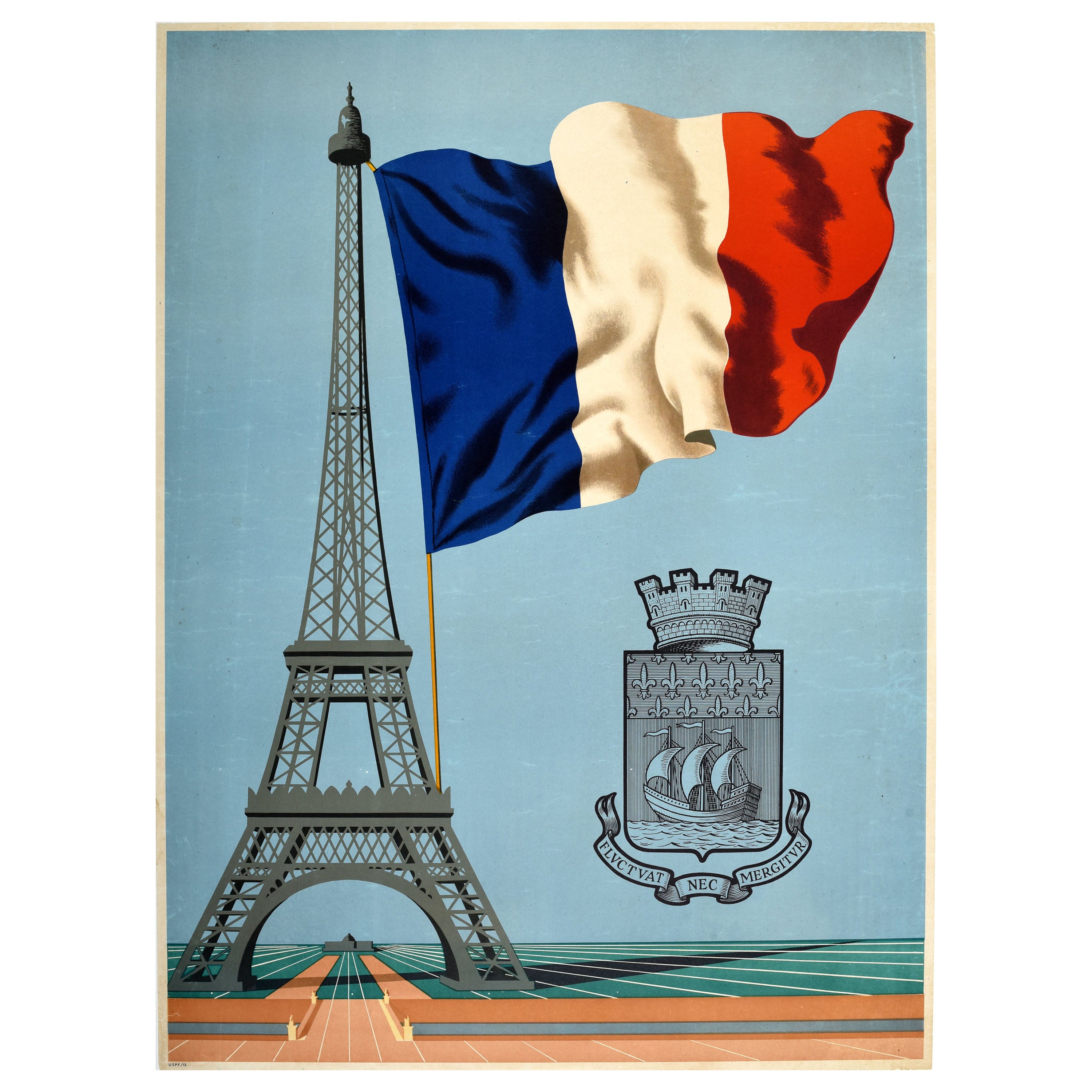 Original Vintage WWII Poster Liberated Paris She Does Not Sink Eiffel Tower Flag For Sale