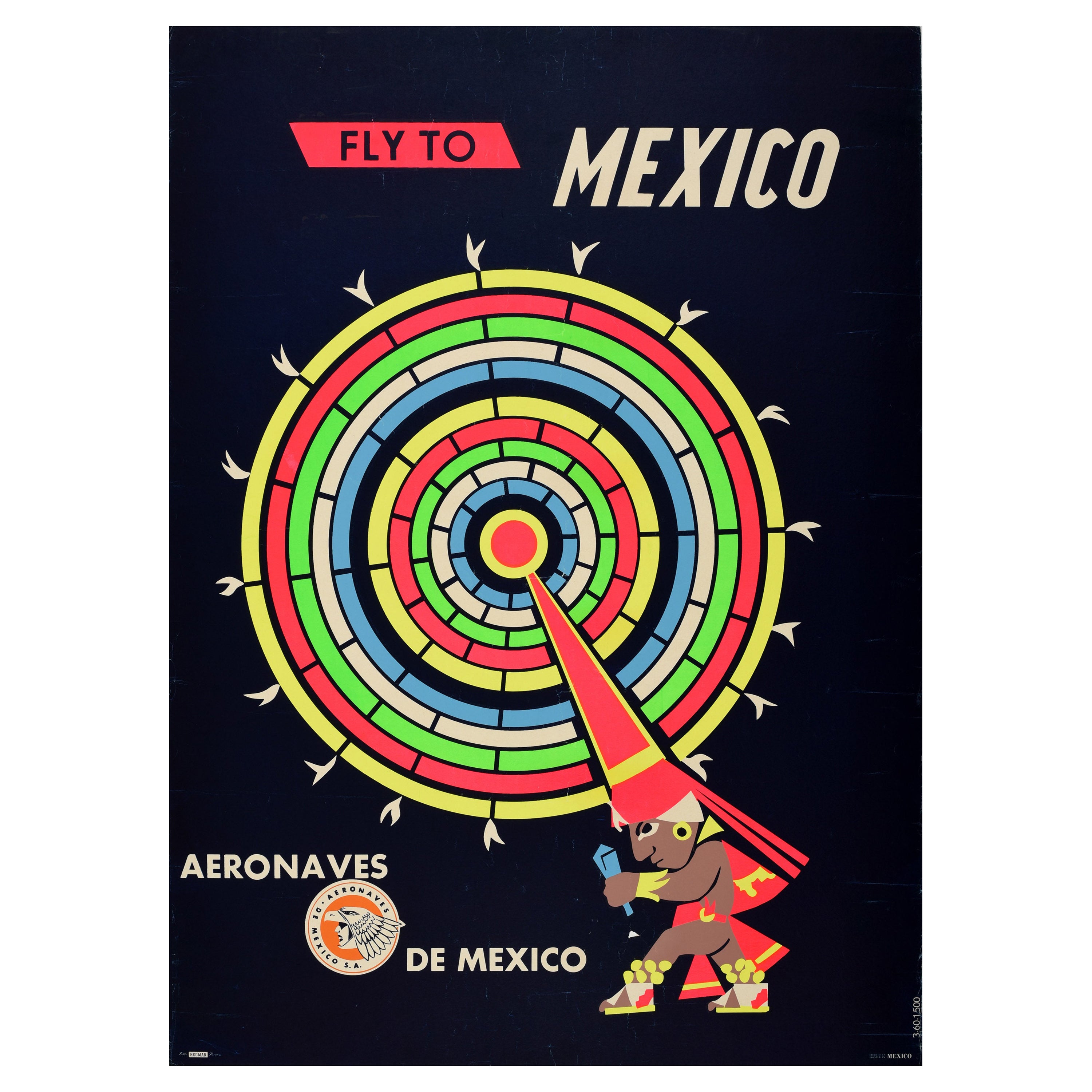 Affiche originale de voyage aérien Fly To Mexico, dessin du calendrier Maya en vente
