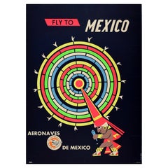 Original Vintage Air Travel Poster Fly To Mexico Aeronaves Maya Calendar Design