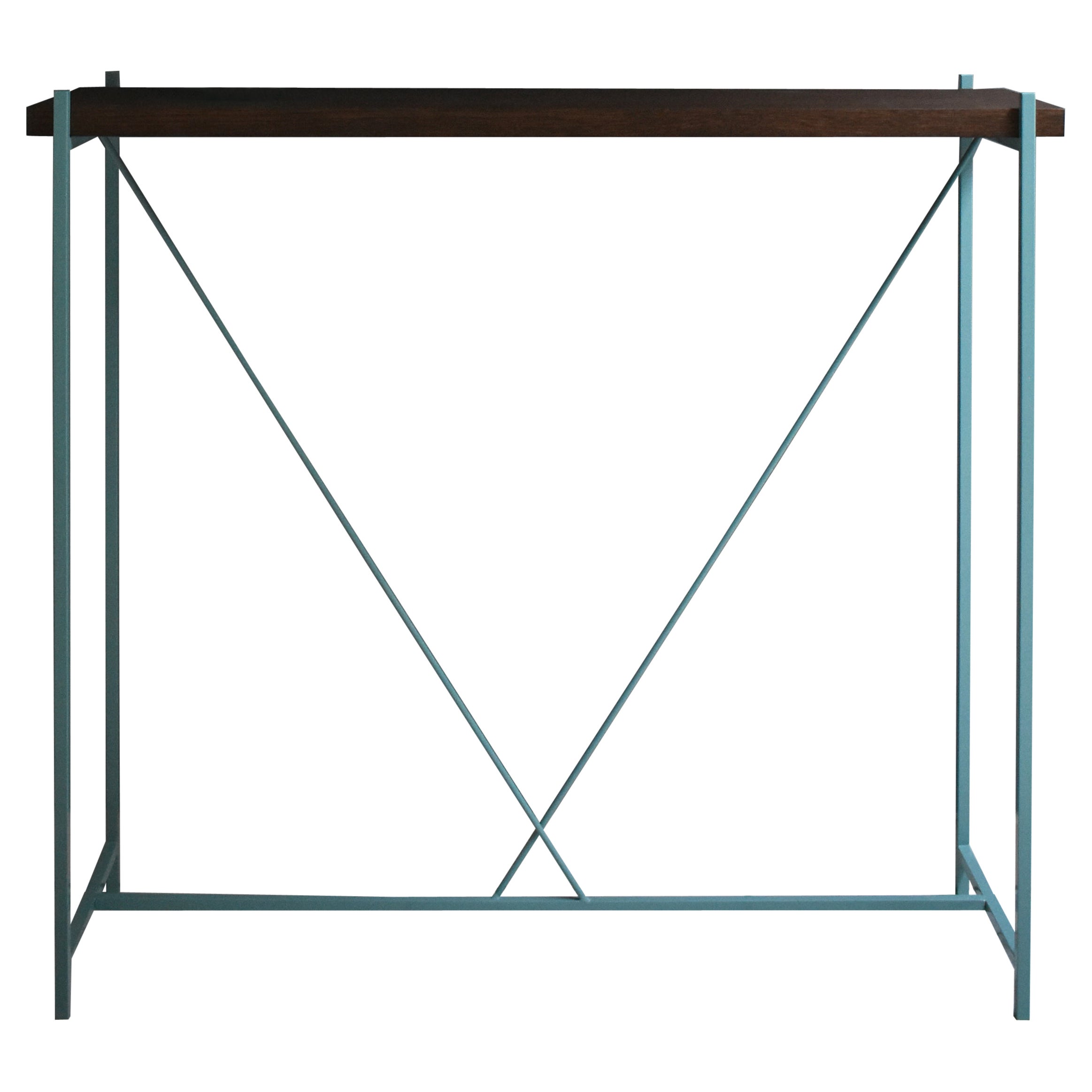 Console Tekno, structure en fer bleu-gris et plateau en bois