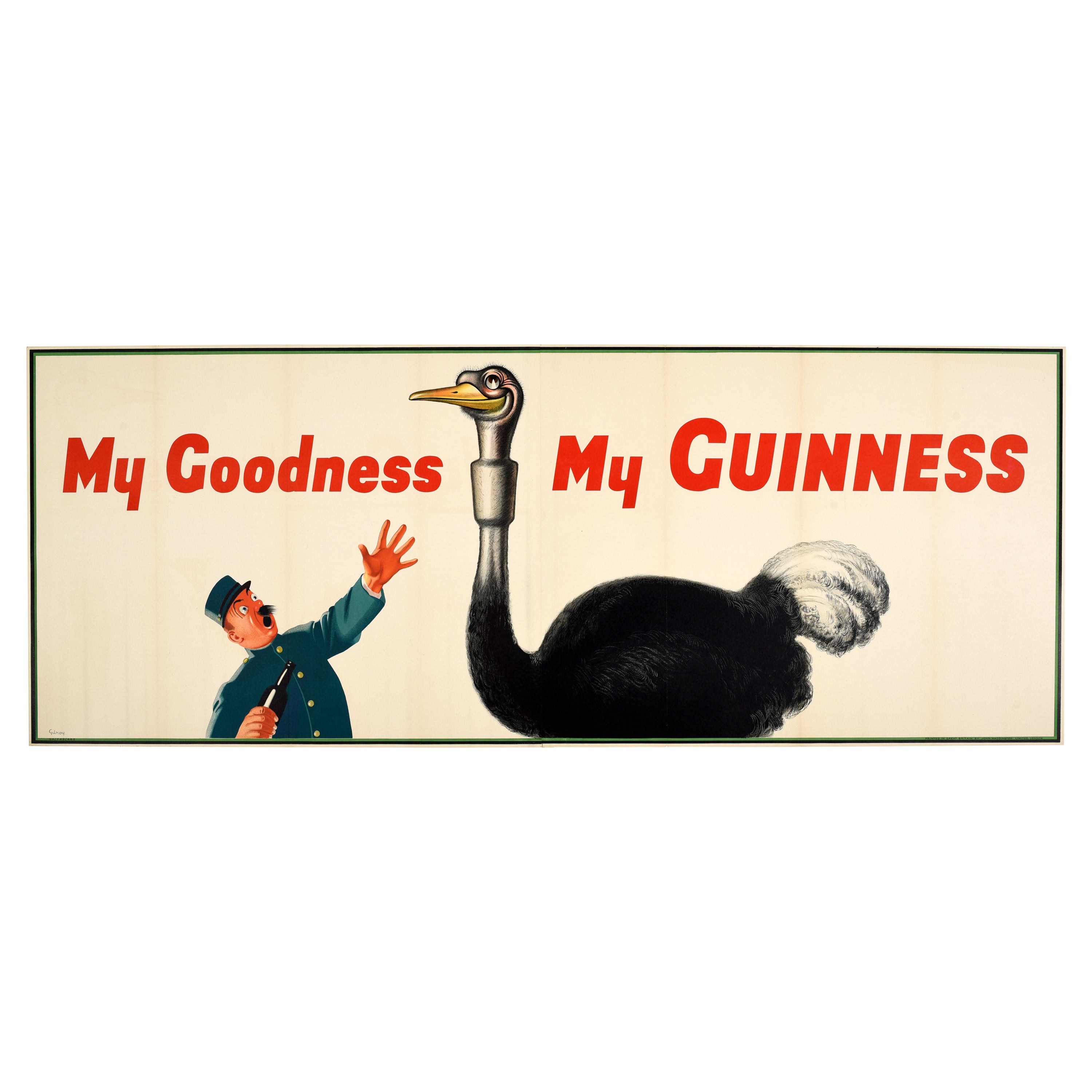 Affiche publicitaire originale vintage pour les boissons - My Goodness My Guinness - Dessin d'autruche en vente