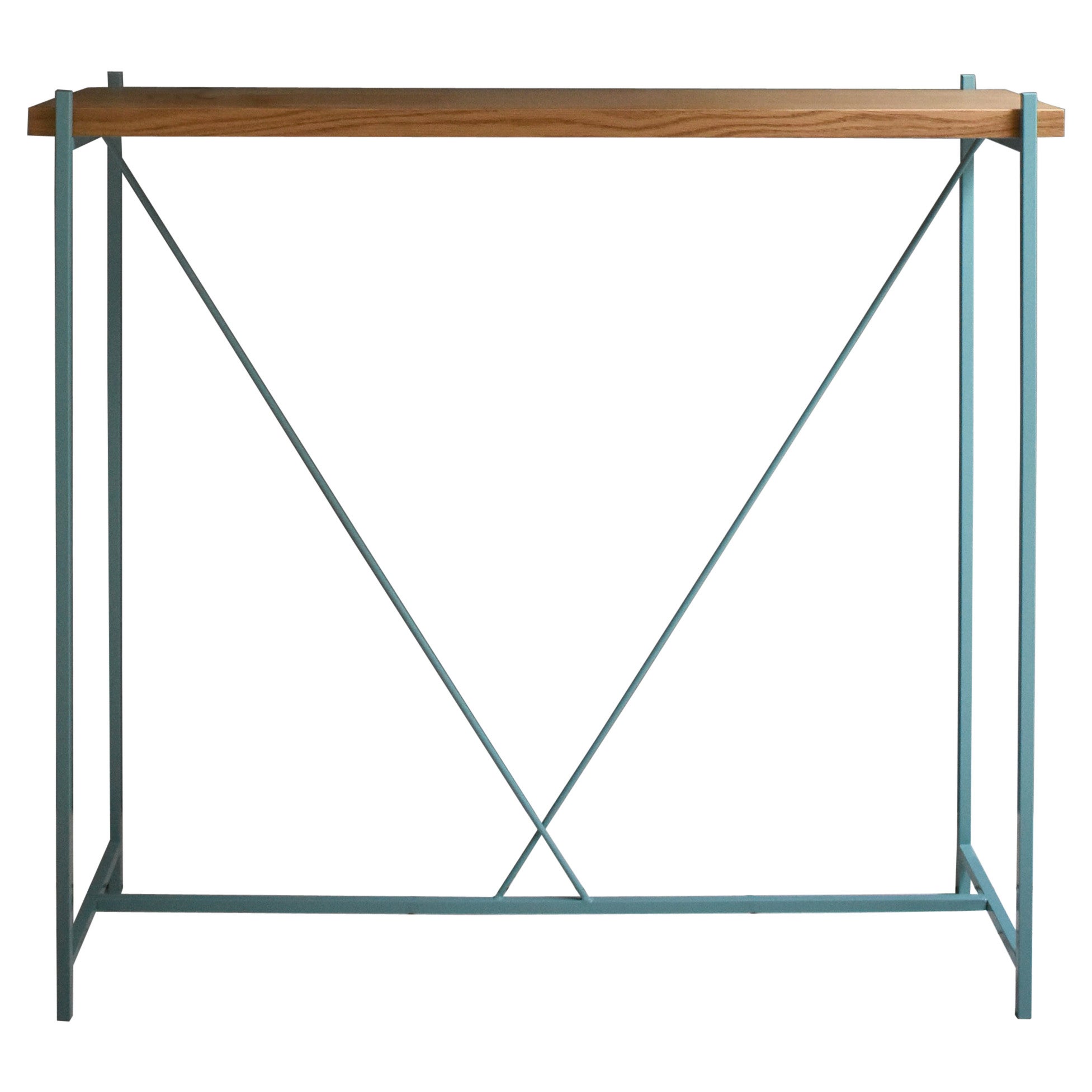 Console 'Tekno', Light-Blue Iron Structure and Wood Top For Sale