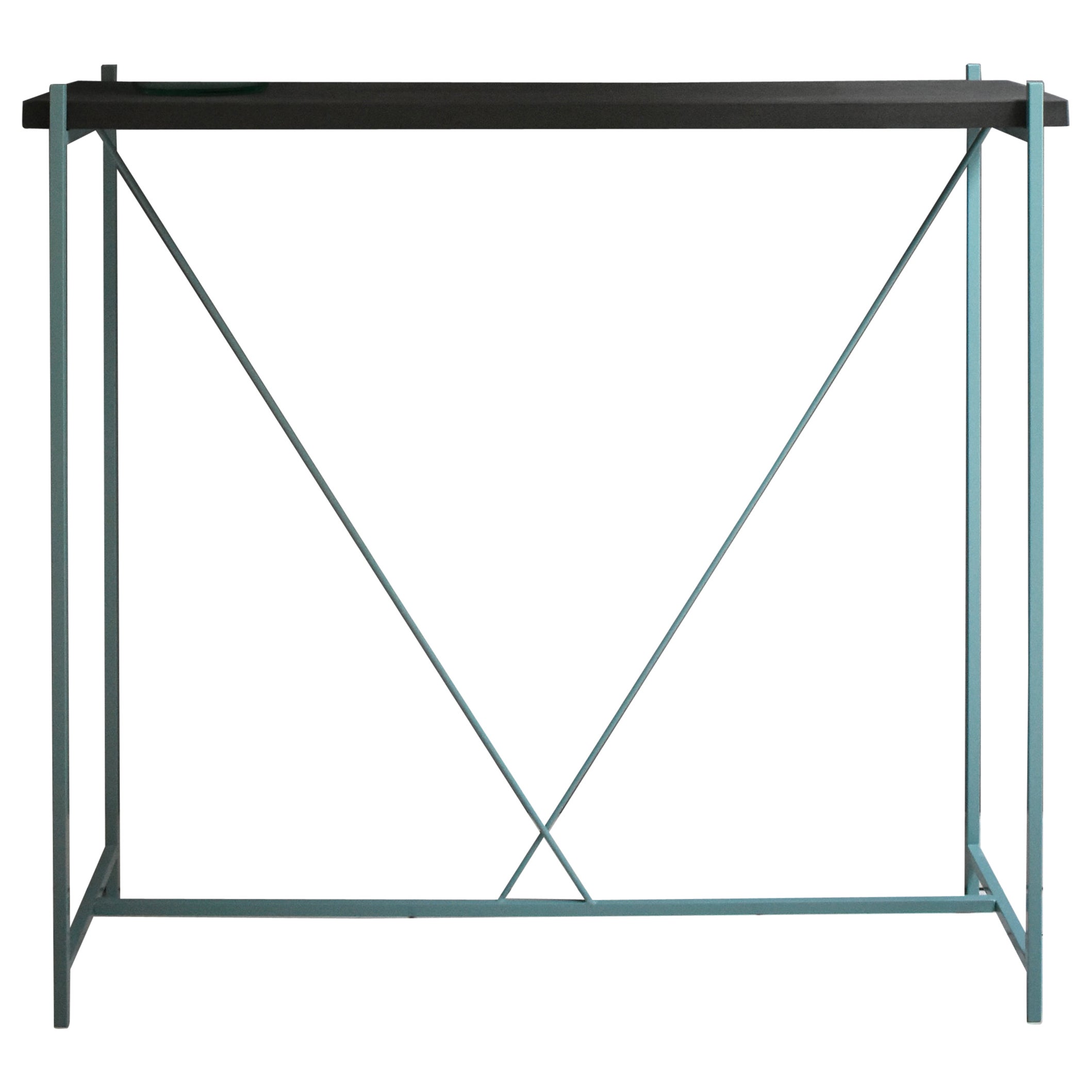 Console Tekno, structure en fer bleu clair et plateau en ciment gris en vente