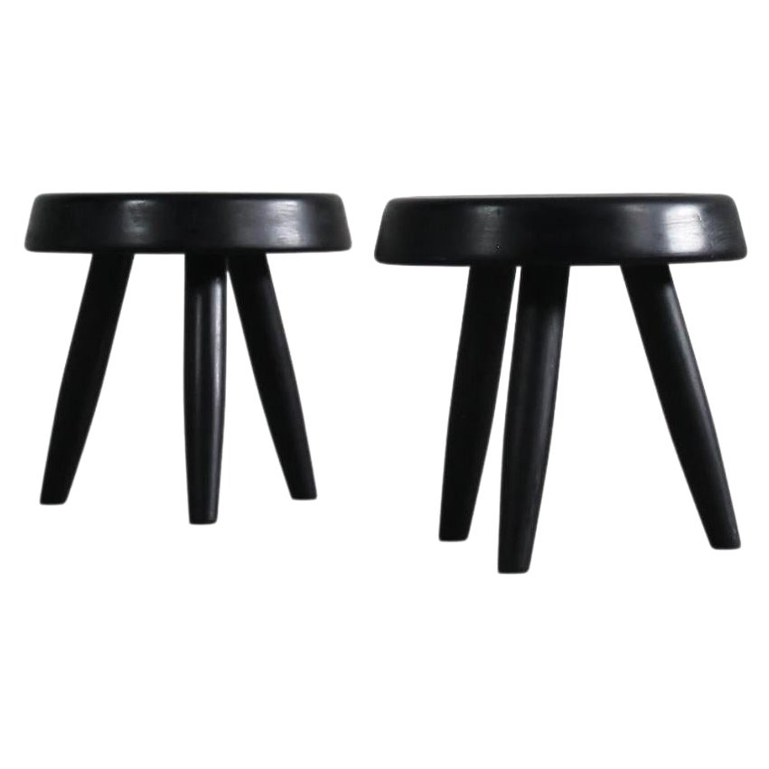 Set of Two Black Stools in the Style of Charlotte Perriand in Wood 1950s For Sale