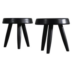 Set of Two Black Stools in the Style of Charlotte Perriand in Wood 1950s