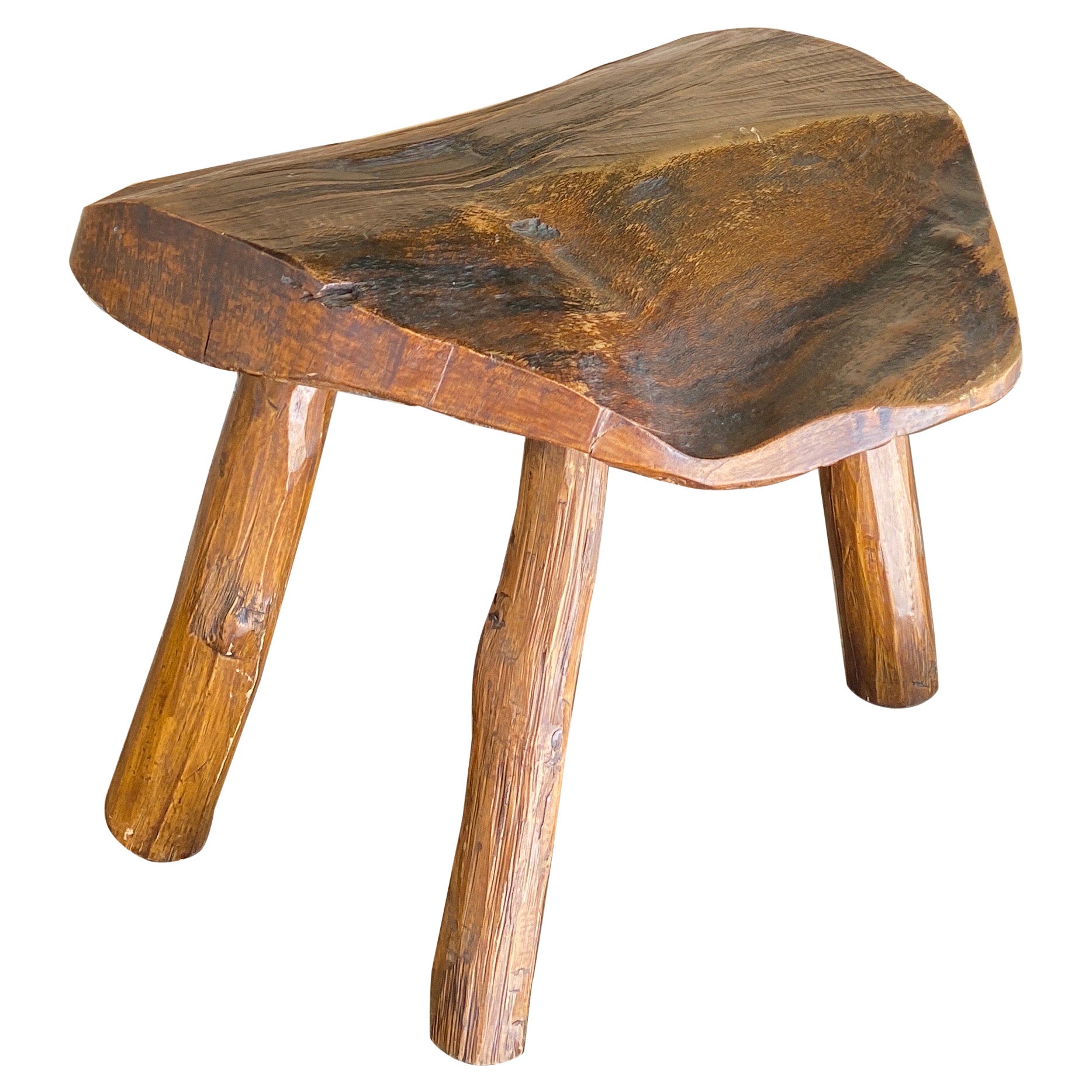 Brutalist Footstool in Wood, Free Shape, Brown Color, Low Size, France, 1950 For Sale