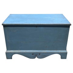 Blanket Chest in Blue Paint with Delicately Carved Scroll Apron
