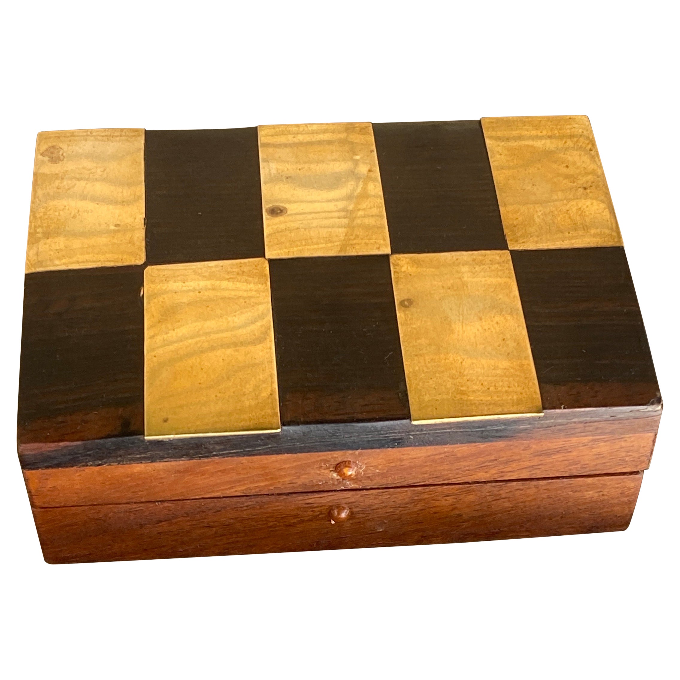 Decorative and Jewelry Box, in Wood with Brass Geometrical Inlays, France 1970