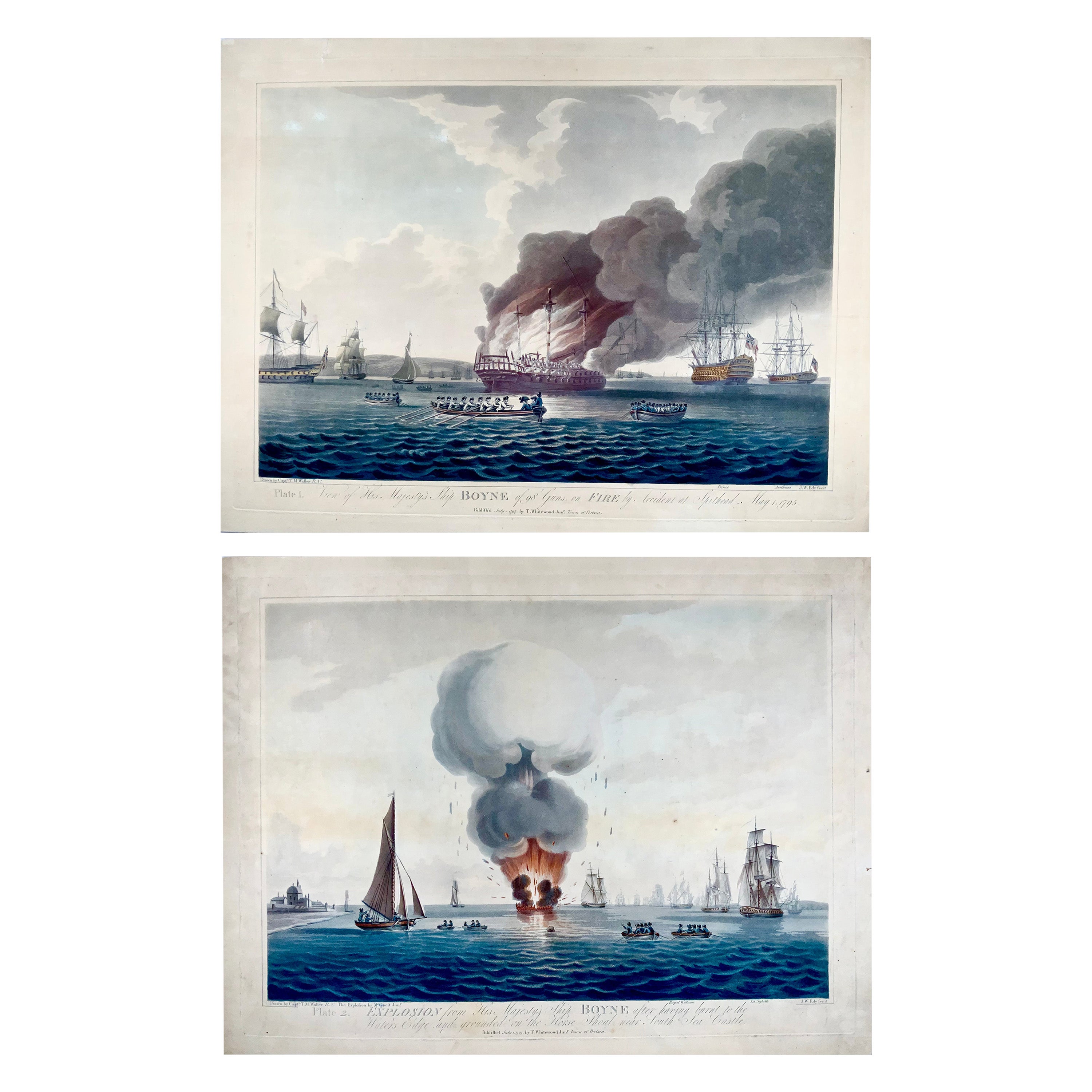 1797 Set of 2 Large Aquatints, Maritime, Explosion of the 'HMS' Boyne For Sale