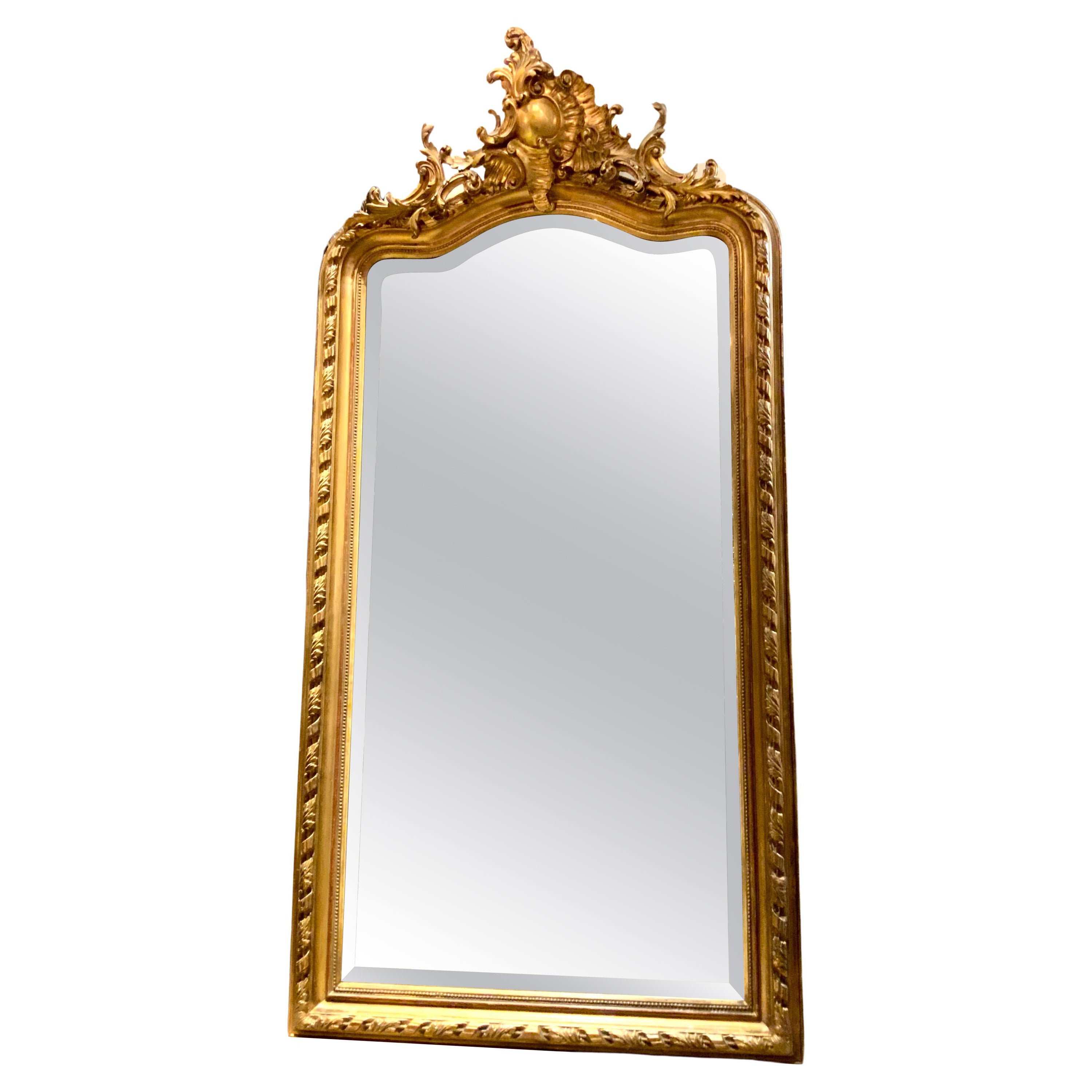 Large French Giltwood Louis XV-Style Mirror with Beveled Plate, 18th C For Sale