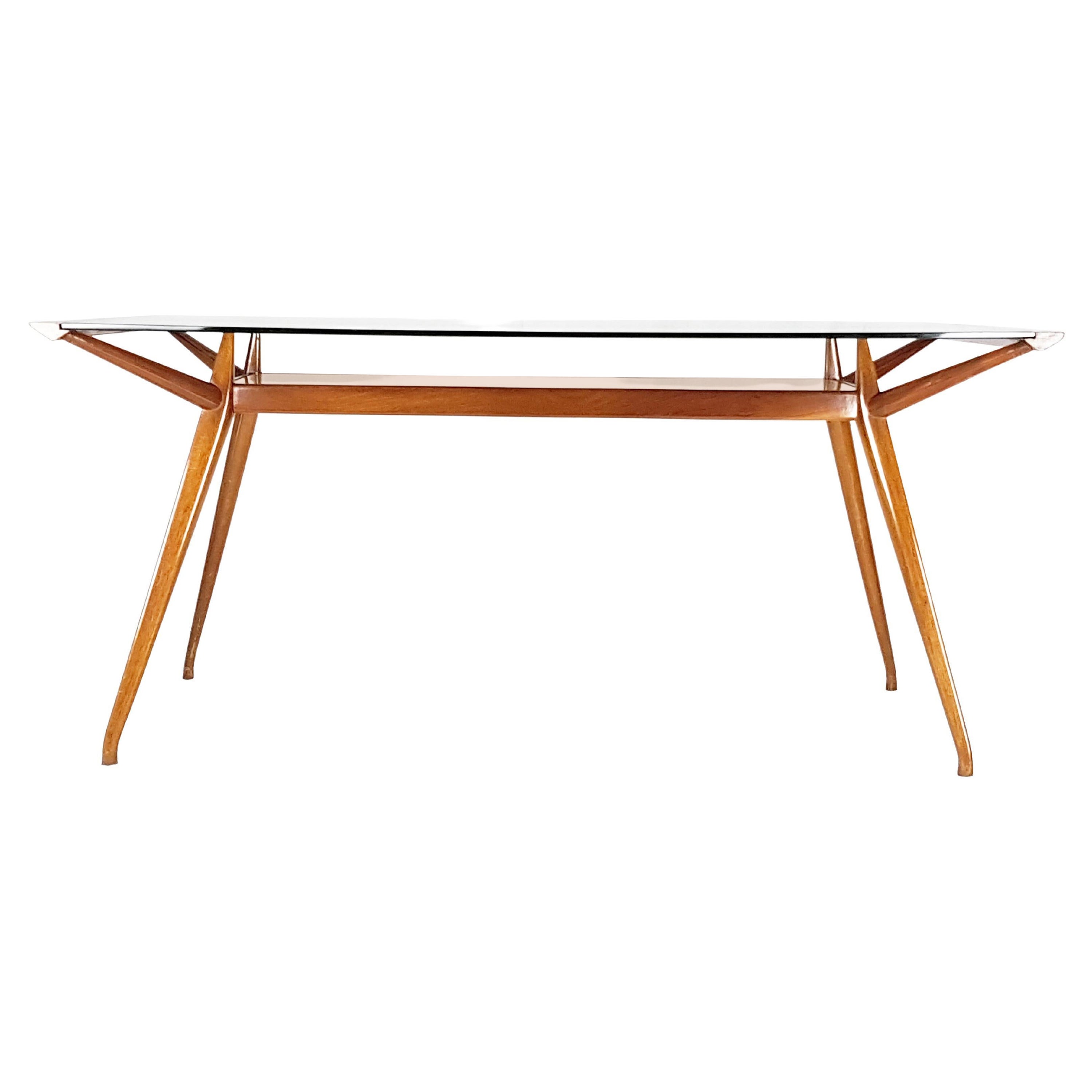 Italian Beech wood & Glass Mid-Century Modern dining table attributed to ISA For Sale
