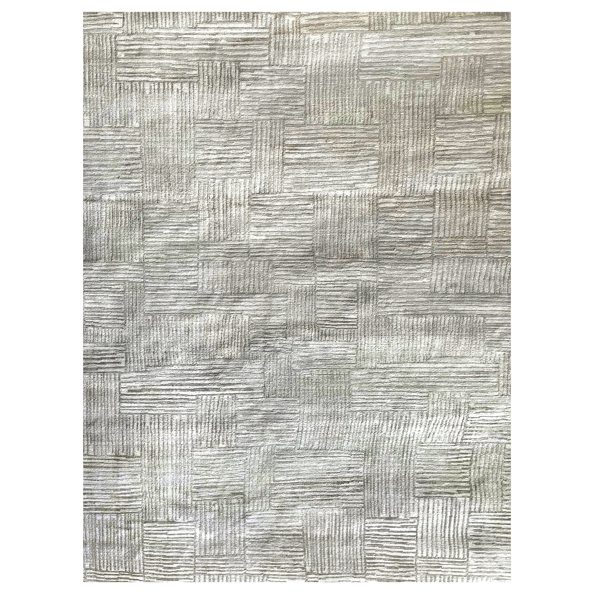 Hand-knotted Geometric High-Low Wool Rug For Sale