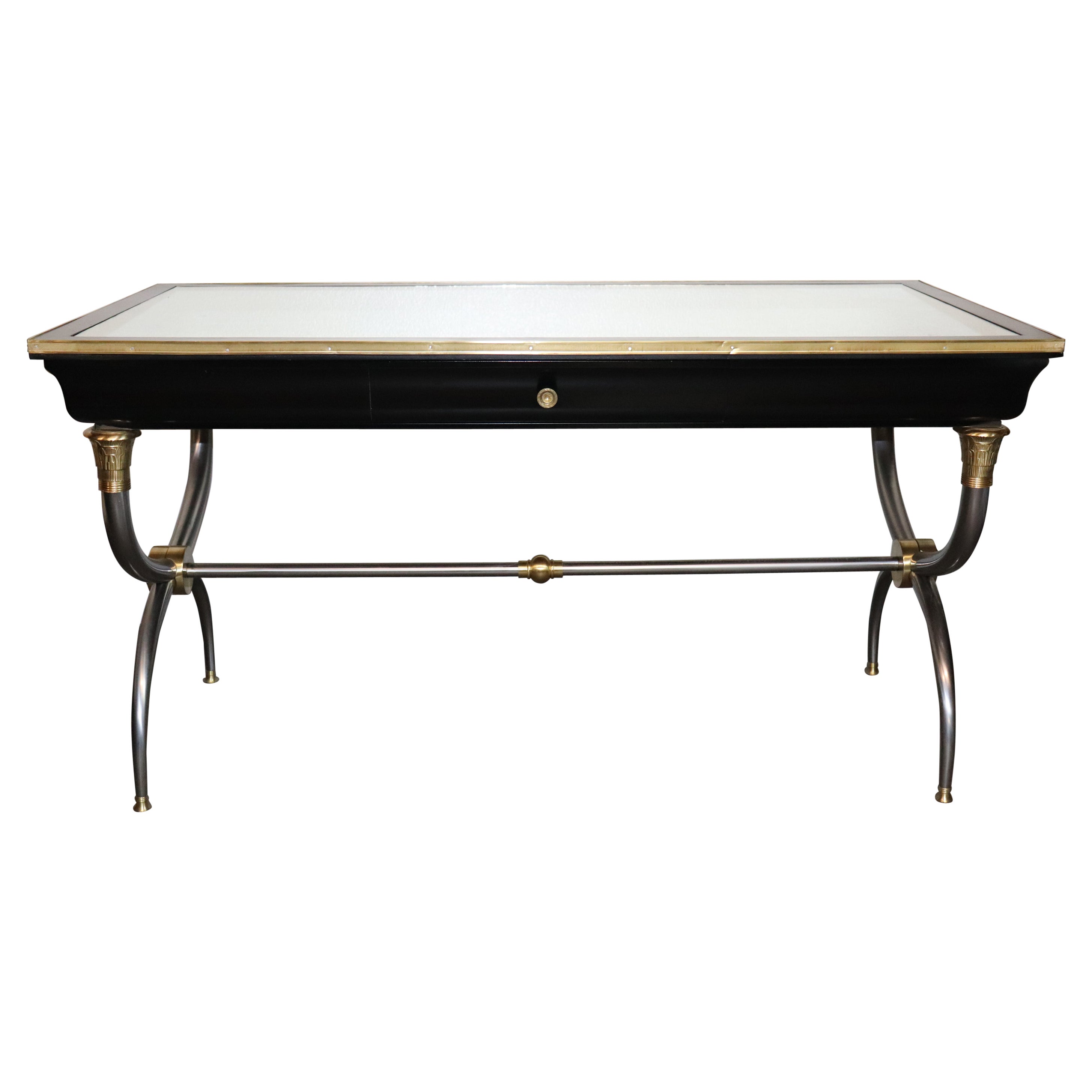Rare Brass and Steel Aged Mirrored Top John Vesey Style Ebonzed Writing Desk For Sale