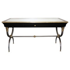 Rare Brass and Steel Aged Mirrored Top John Vesey Style Ebonzed Writing Desk