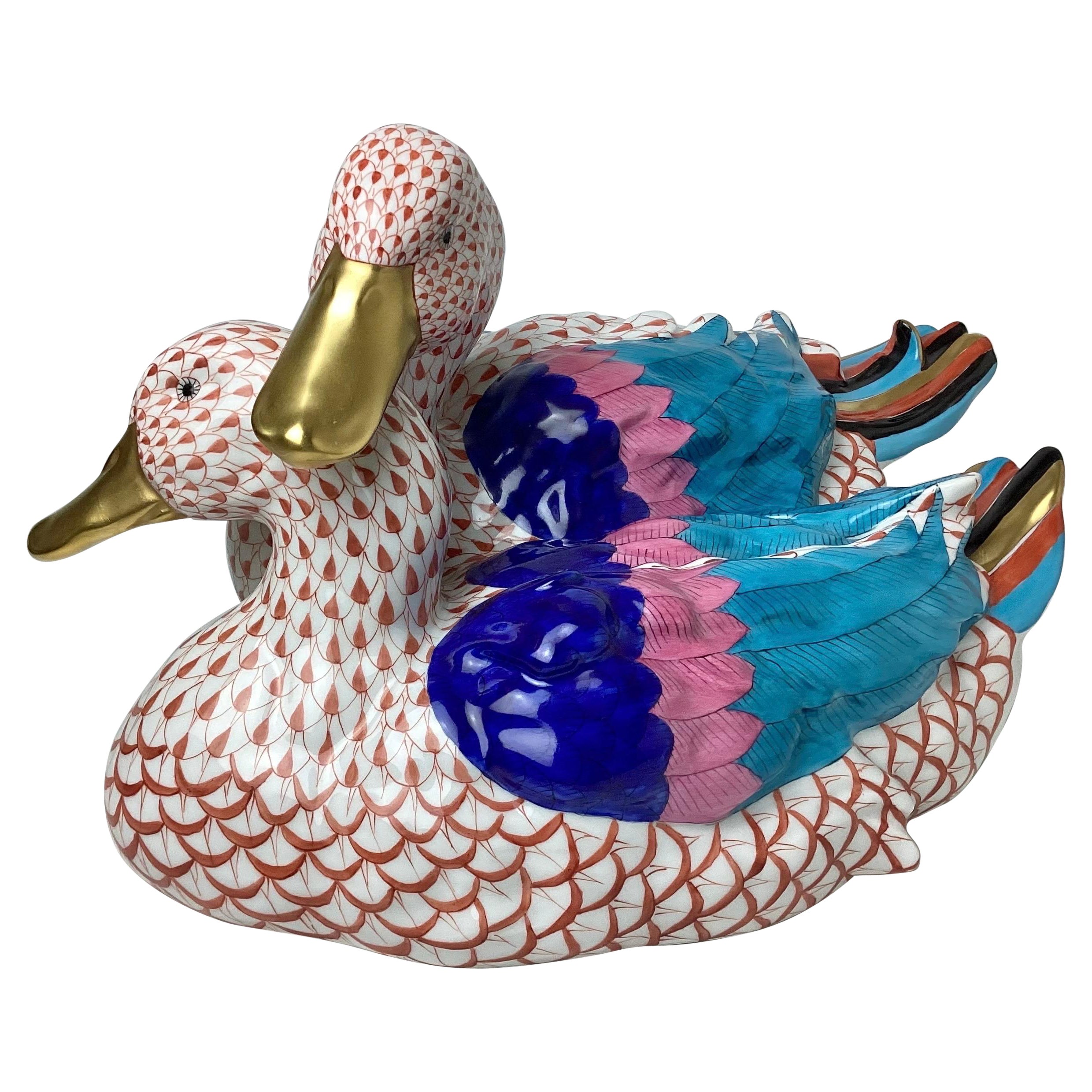 Pair of Herend Porcelain Hand Painted Large Size Ducks For Sale