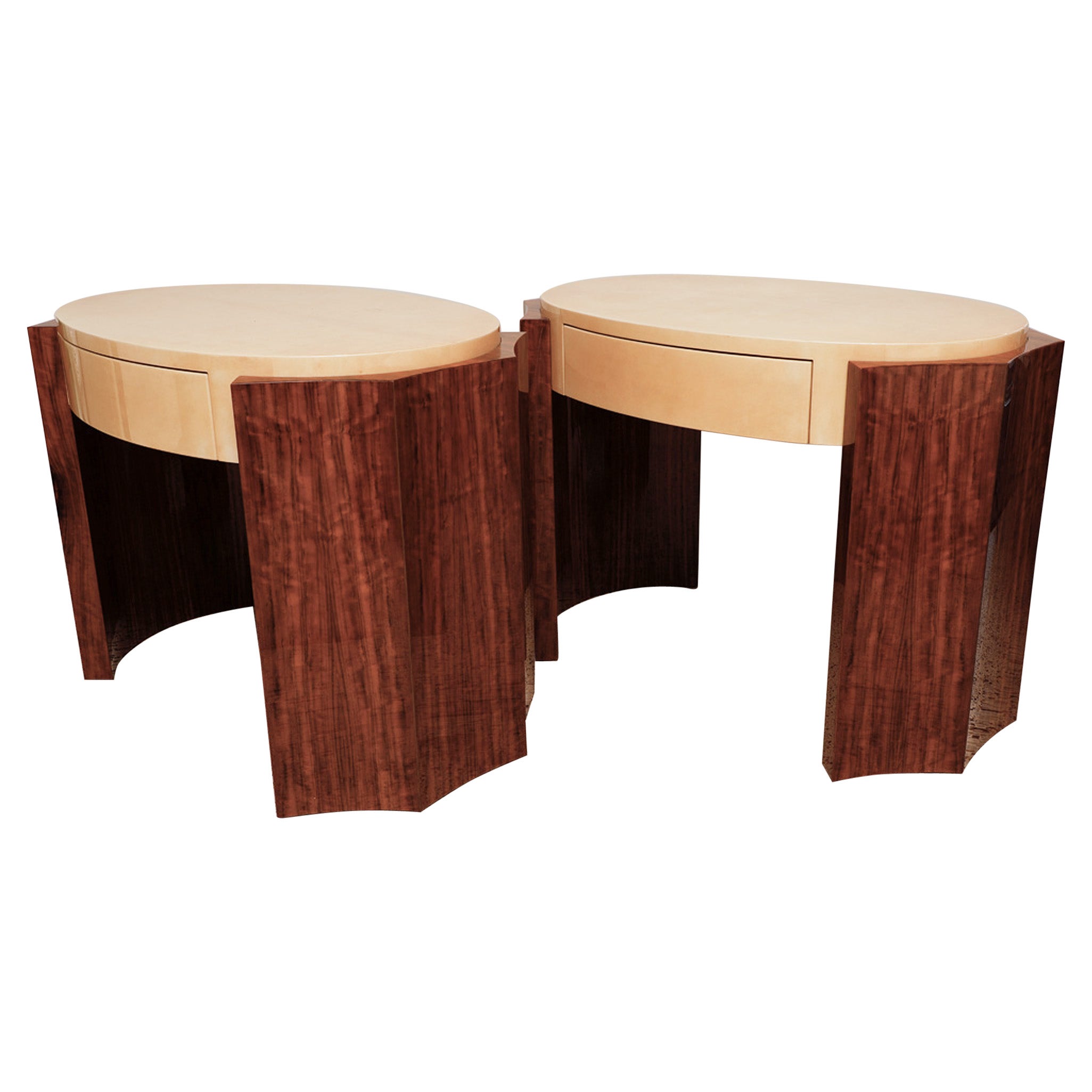 Large Pair of Lacquered Goatskin and Paldo Wood Nightstands