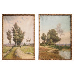 Pair of Signed Antique French Landscape Paintings, Early 1900s