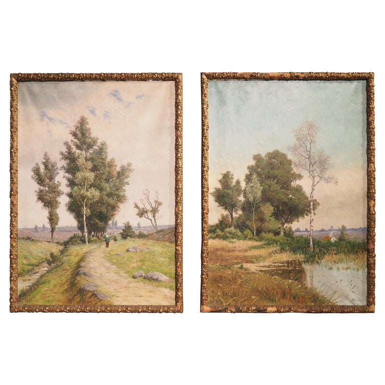 Pair of Signed Antique French Landscape Paintings, Early 1900s For Sale