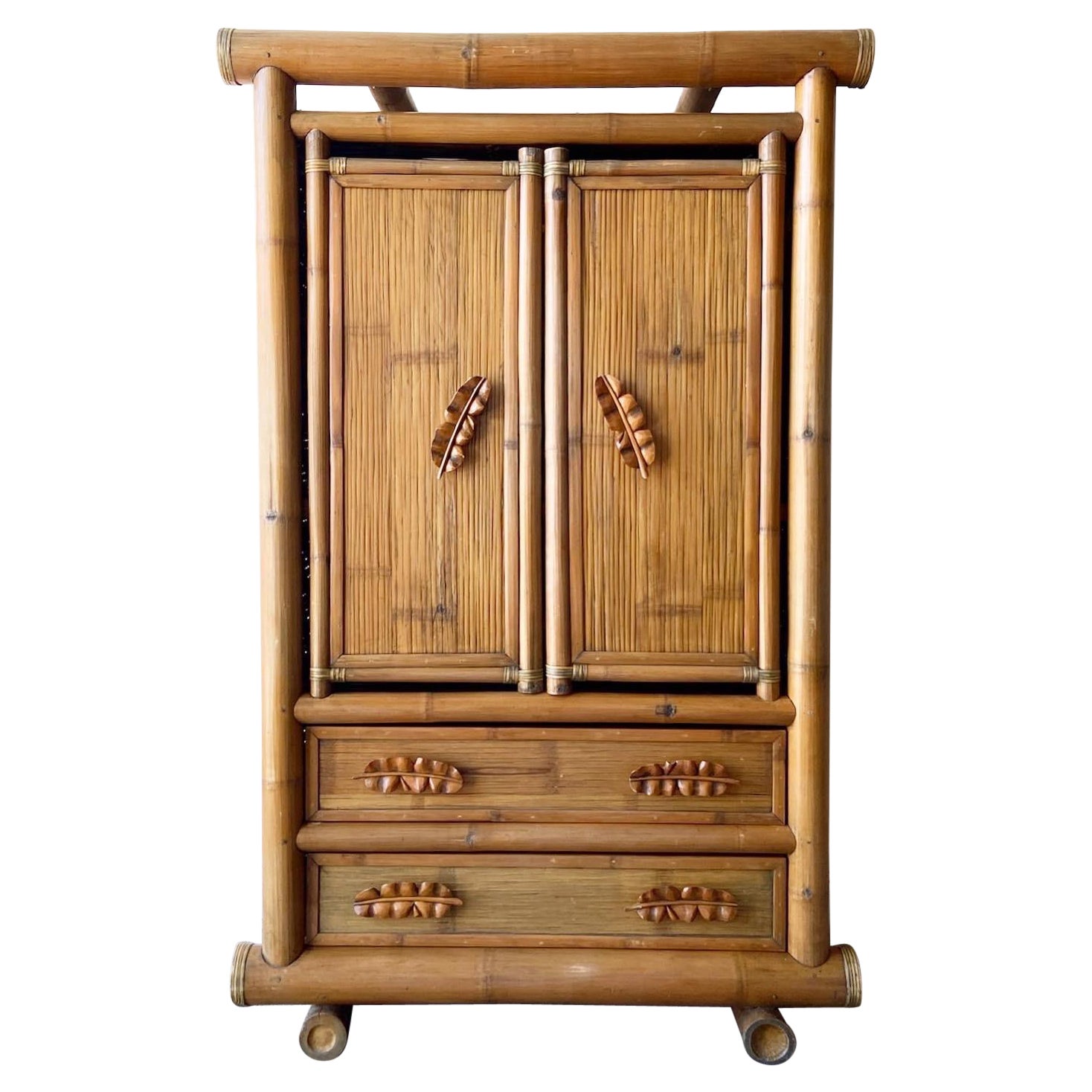 Boho Chic Bamboo Armoire With Carved Handles For Sale at 1stDibs