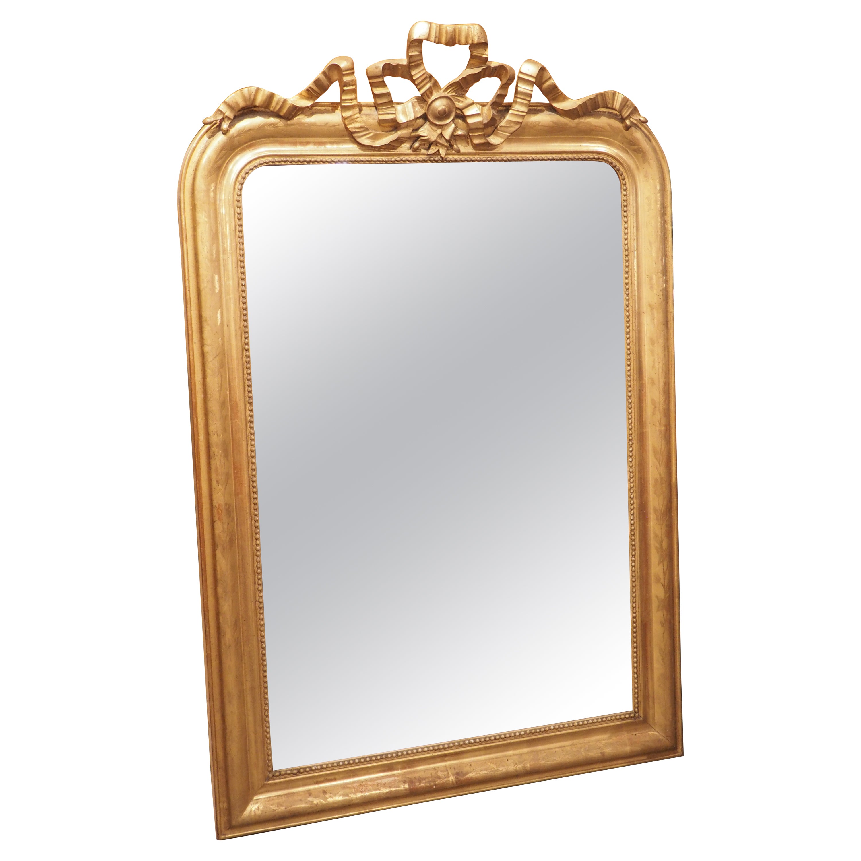 19th C. French Gold Louis Philippe Mirror with Crinkled Bow and Floral Motifs