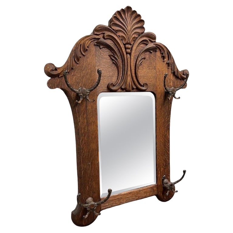 Antique Quarter Dawn Oak Mirror with Metal Hooks For Sale at 1stDibs