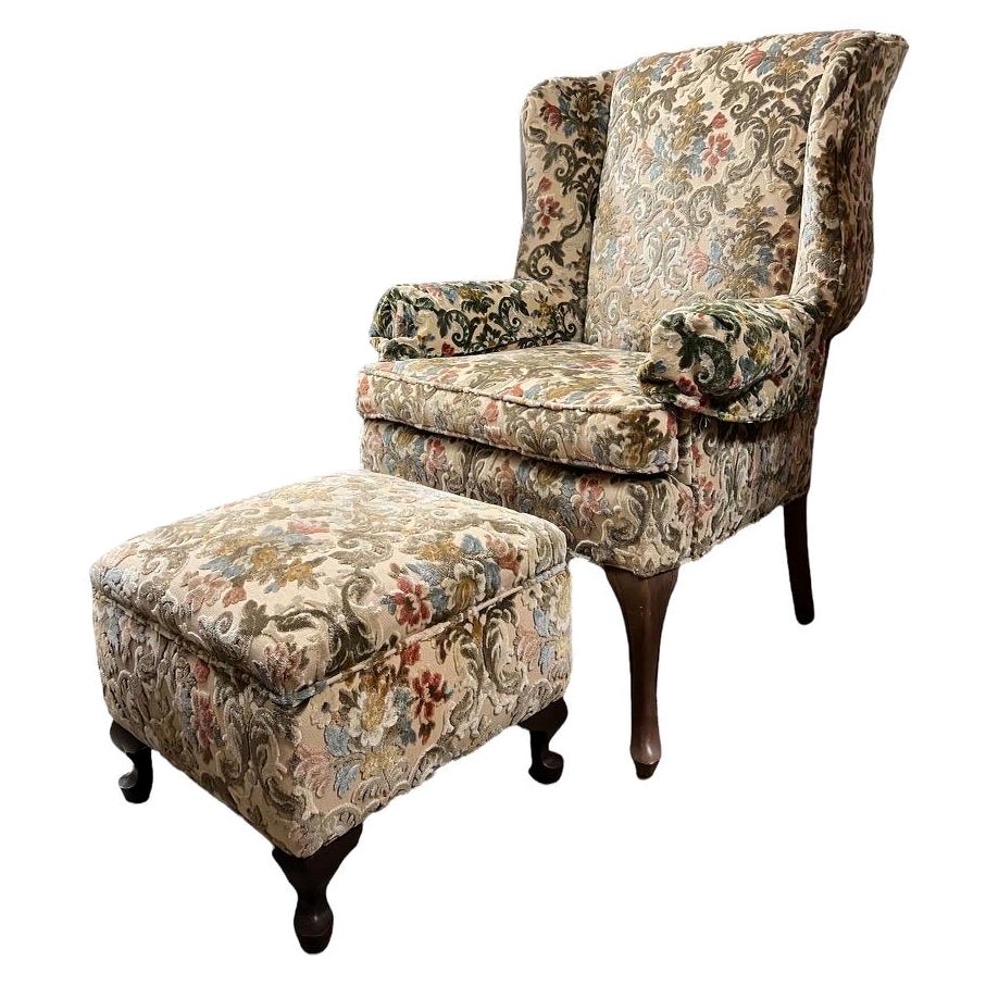 Antique English Queen Anne Style Sofa Chair with Original Floral with Ottoman For Sale at 1stDibs