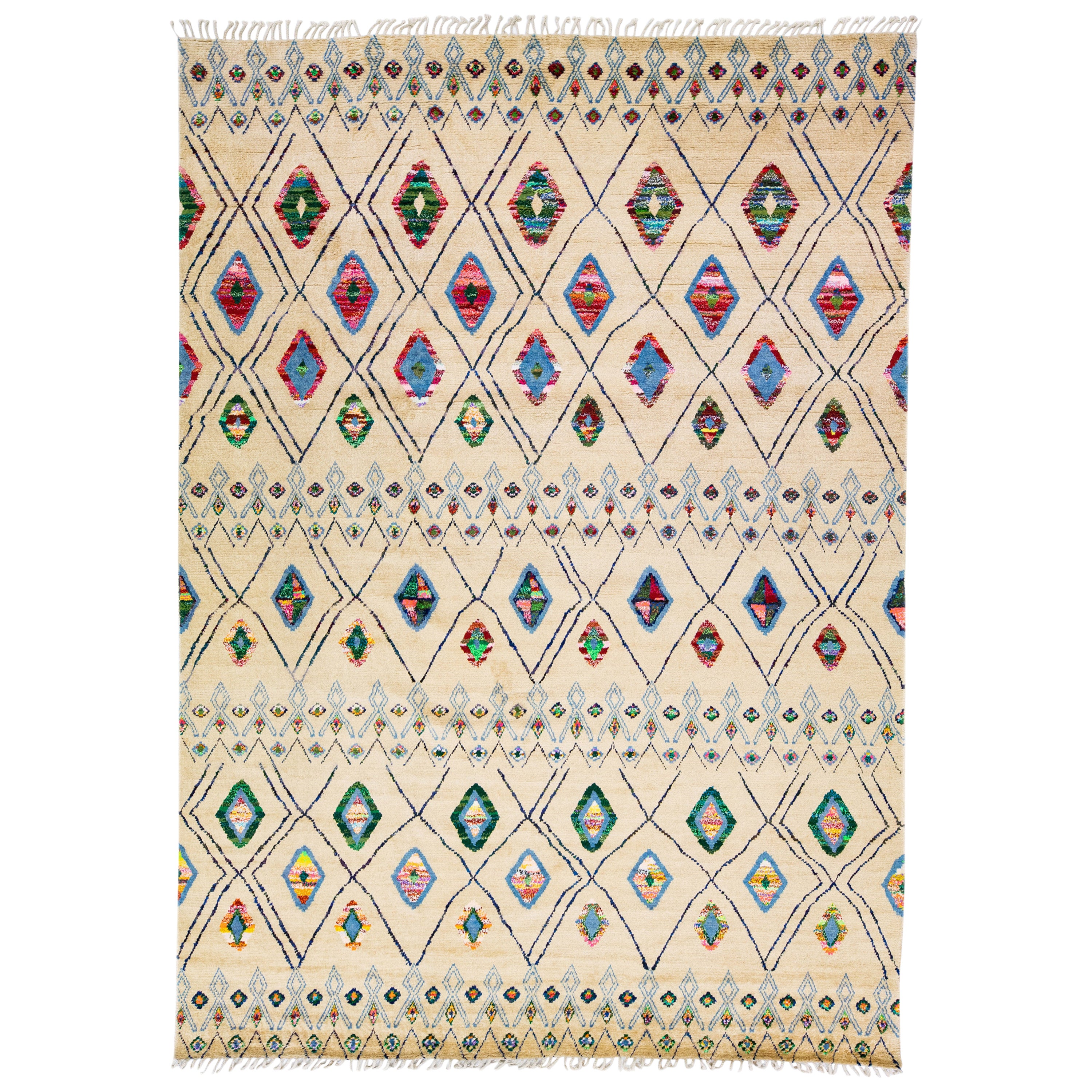Modern Moroccan Style Handmade Beige Wool Rug With Tribal Design For Sale
