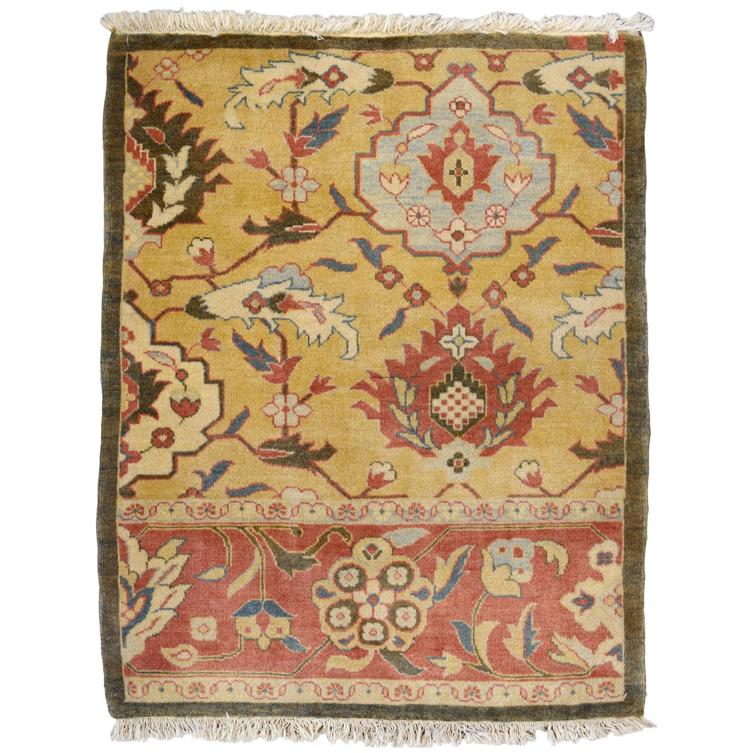 Handgeknüpfter persischer Farahan-Teppich aus Wolle, gelb und rosa, 3' x 4' im Angebot