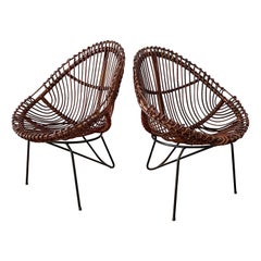 Pair of Mid Century Italian Sculpted Rattan & Iron Chairs 