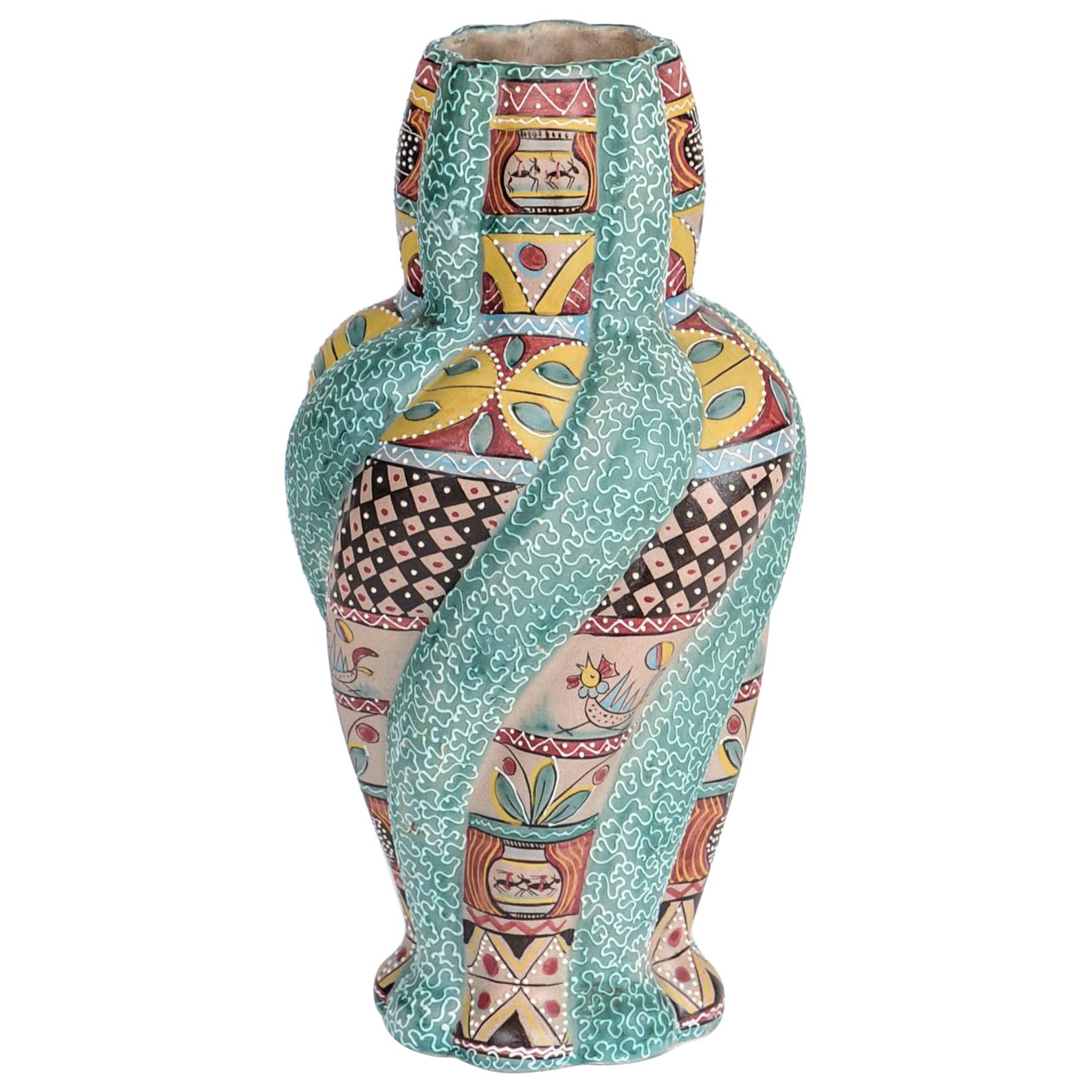 Large Colorful Majolica Vase by Italian Kerima Gualdo T.