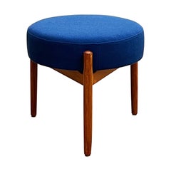 Danish Mid-Century Design Teak Stool or Round Foot Rest with Blue Upholstery