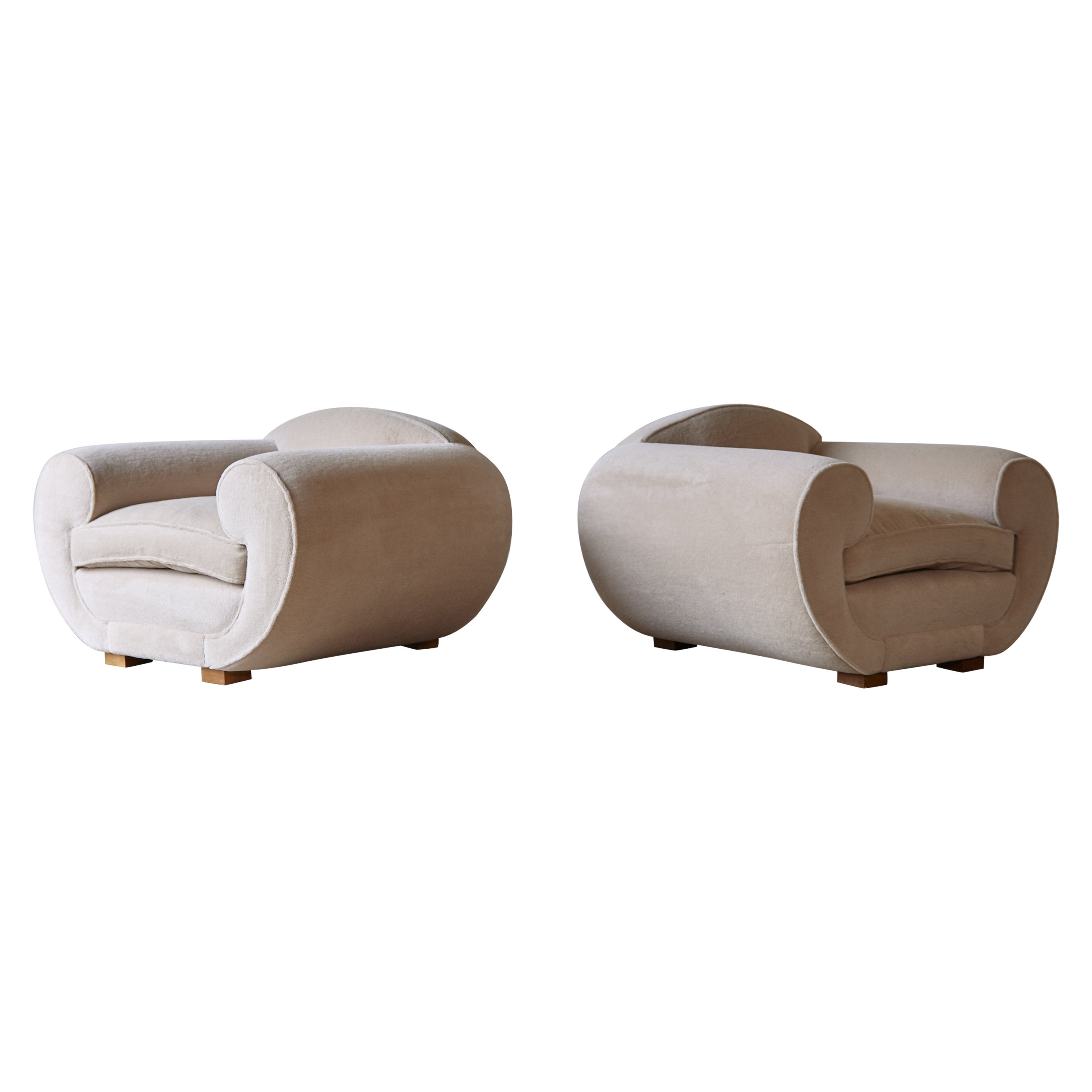 Pair of Art Deco Style Armchairs, Upholstered in Pure Alpaca