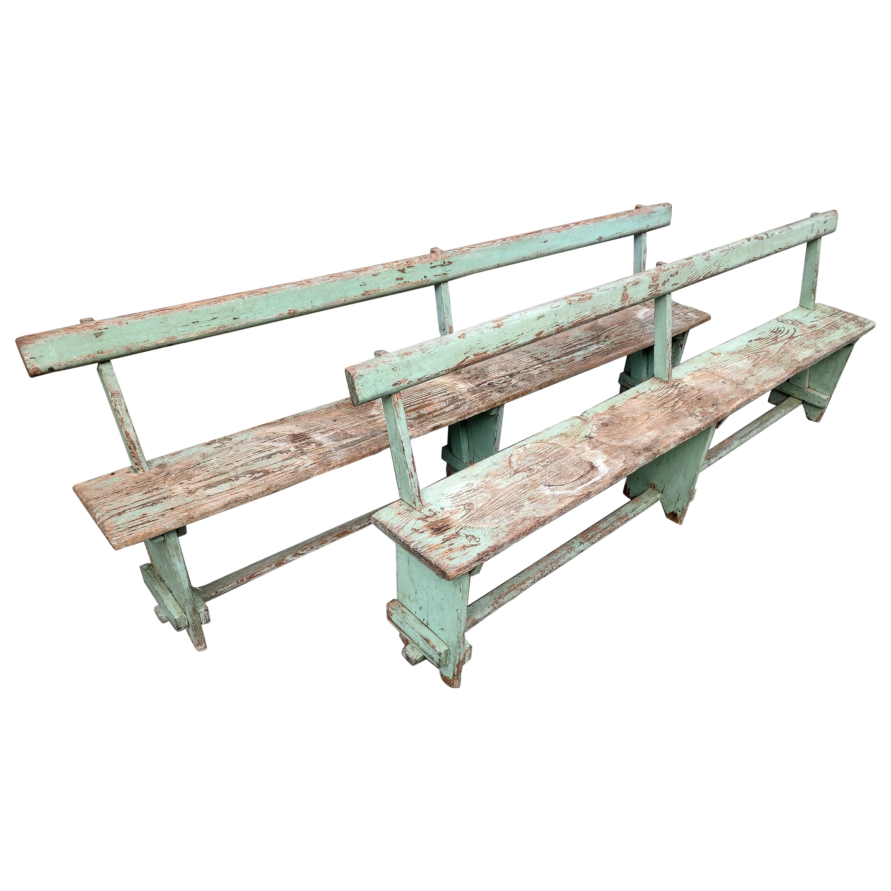 Pine Pair of Primitive Green Painted Benches with Backs For Sale