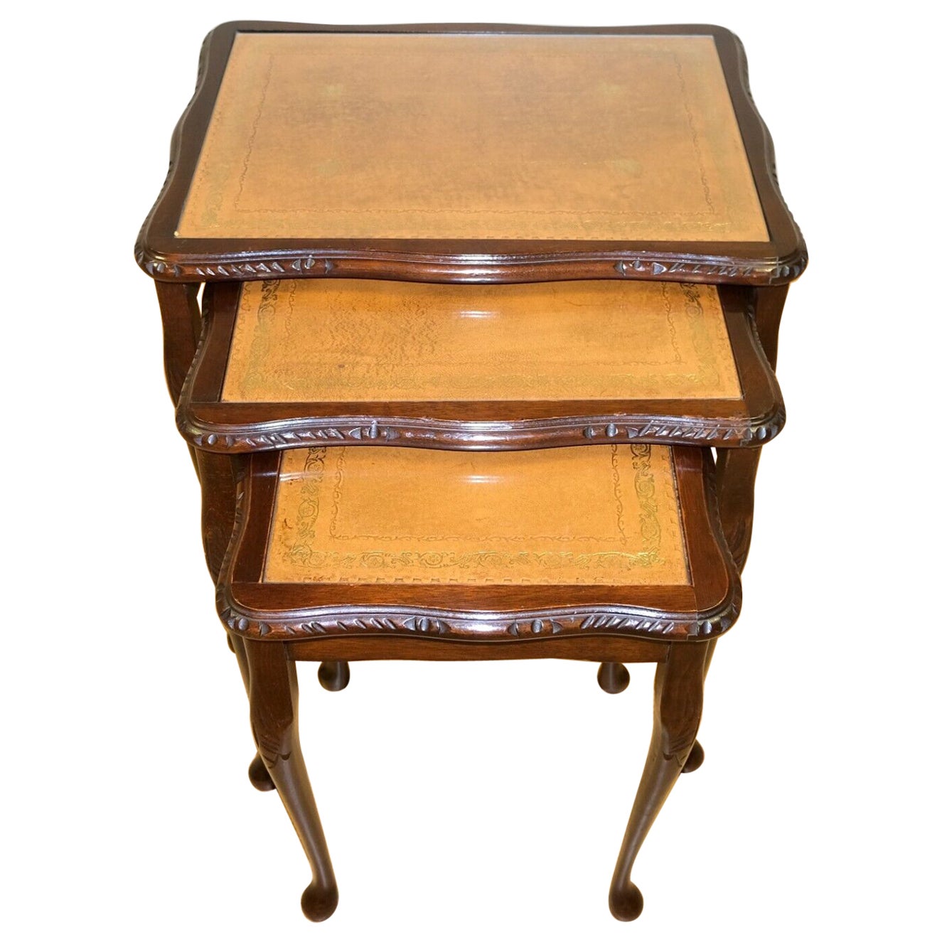 Lovely Bevan Funnell Hardwood Nest of Tables with Brown Leather & Glass Tops