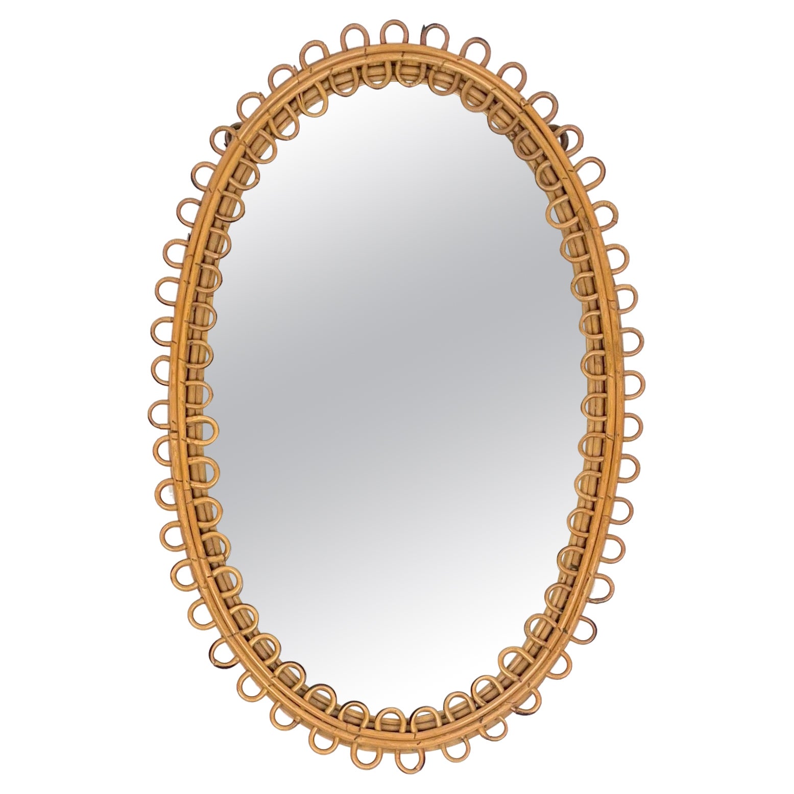 Midcentury Rattan and Bamboo Oval Wall Mirror, Italy, 1960s