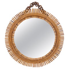 Mid-Century Rattan & Bamboo Round Wall Mirror, Italy 1960s